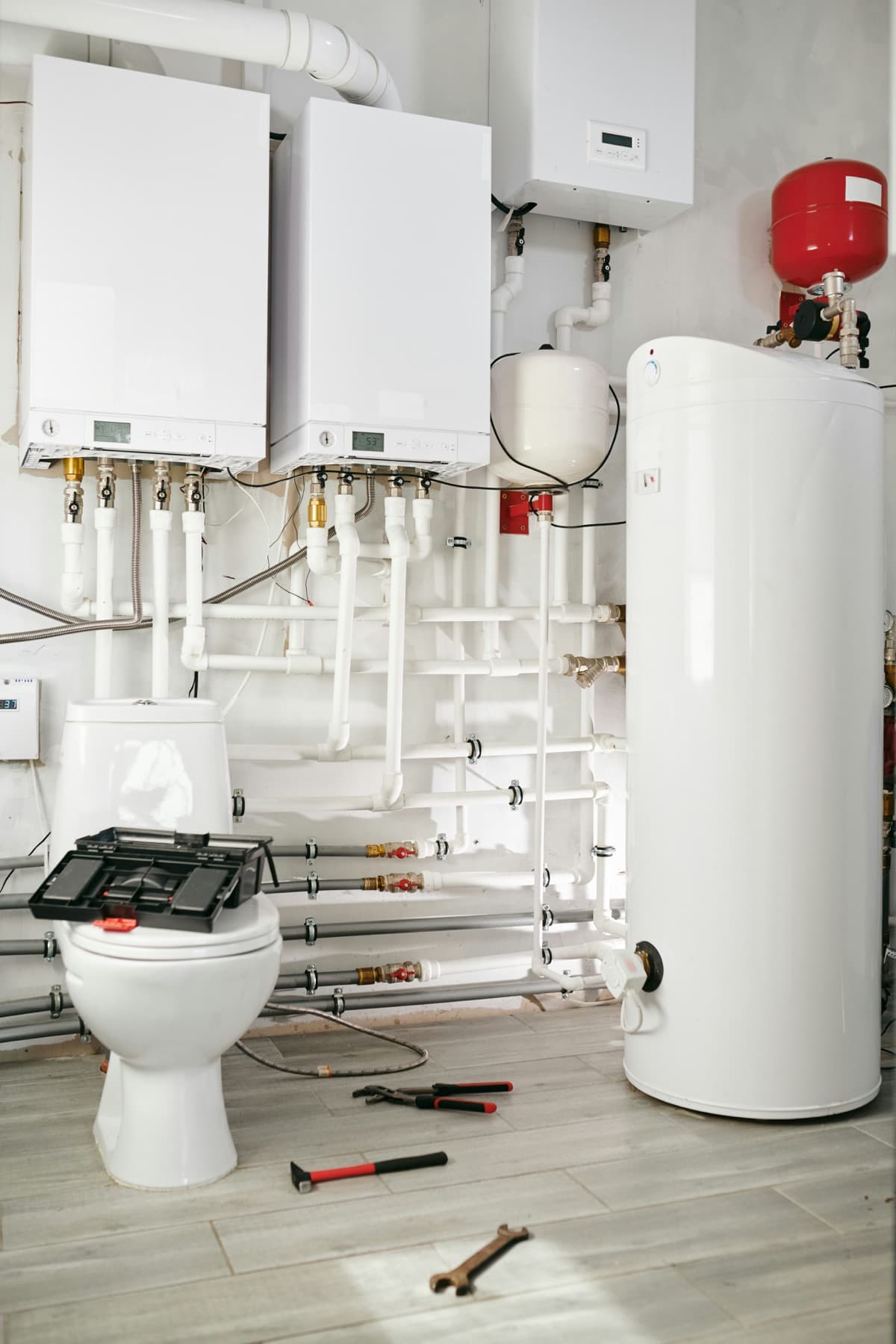 Boiler room with water heater and piping installation